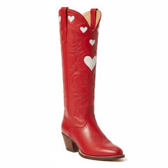 Tuhoomall Western Knee High Boots With Rubber Sole, 5cm Chunky Heel, Embroidered Sweet Pink Hearts For Casual Fashion All Year Round