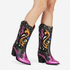 Tuhoomall Western Cowboy Ankle Boots for Women, Stylish Short Booties with Rhinestones for Parties and Runway Performances