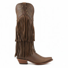 Tuhoomall Western Knee-High Cowboy Boots, Chunky Heel, Fringe & Studs, Retro Style, Casual Wear, All Seasons