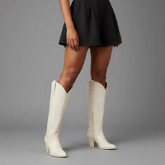 Tuhoomall Western Floral Embroidered Knee-High Boots for Women - Comfortable Slip-On Design with Chunky Heel for Parties and Daily Wear