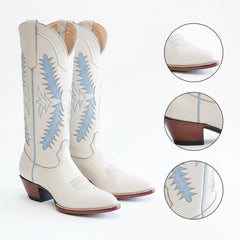 Tuhoomall Western Mid Calf Boots for Women with Rubber Sole, 5.1 cm Chunky Heel, Stylish Embroidery for Casual and Office Wear