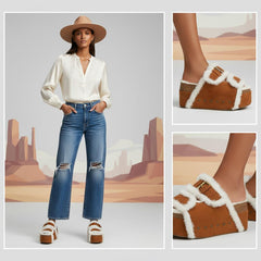 Tuhoomall Blue Faux Suede Fur-Lined Studs Double Buckle Strap Round Platform Cork Sandals Slippers