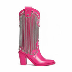 Tuhoomall Chunky Heel Western Rhinestone Booties with Fringes for Fashion Events, Pointed Toe, Slip-On Style, All-Day Comfort, Eye-Catching Design