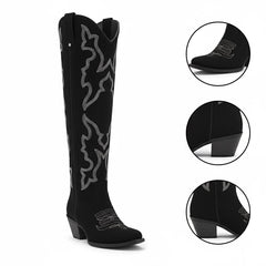 Tuhoomall Western Knee-High Boots with Elegant Embroidery, Stylish Mid Heel for Casual and Office Wear, Durable Faux Suede Leather, All-Season Fashion