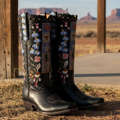 Tuhoomall Western Style Mid-Calf Boots with Floral Design and Stud Details for Fashionable Parties and Everyday Wear, 5cm Chunky Heel