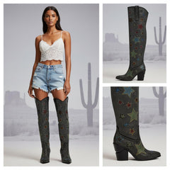 Tuhoomall Western Rhinestone Over-The-Knee Boots for Women, 9.5 cm Irregular Heels, Sparkling Slip-On Stylish Casual Footwear