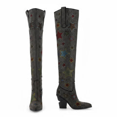 Tuhoomall Western Rhinestone Over-The-Knee Boots for Women, 9.5 cm Irregular Heels, Sparkling Slip-On Stylish Casual Footwear