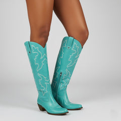 Tuhoomall Western Knee-High Boots with Elegant Embroidery, Stylish Mid Heel for Casual and Office Wear, Durable Faux Suede Leather, All-Season Fashion