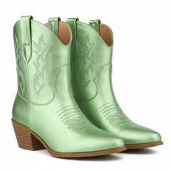 Tuhoomall Western Ankle Boots with Embroidered Pattern, 5cm Chunky Heel, Slip-On Design for Fashion and Travel, Durable Synthetic Fabric Lining
