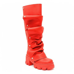 Tuhoomall Gothic Knee-High Boots for Women, Comfortable Chunky Heel, Stylish Slip-On Design for Casual Street Outings