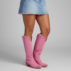 Tuhoomall Western Mid-Calf Boots for Women with Chunky Heel, Zipper Closure, Embroidered Faux Suede and Rivets, Casual Fashion for All Seasons