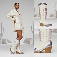 Tuhoomall Western Cowgirl Mid Calf Boots with Snip-Toe and Chunky Heel for Fashion Parties and Performances, Animal Pattern, Metallic Bright Surface