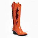 Tuhoomall Comfortable Western Boots with Sequins and Floral Design for Stylish Parties, Runway Shows, and Casual Outings - Knee-High Chunky Heel