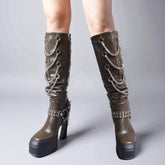 Tuhoomall Over-the-Knee Waterproof Platform Boots for Women - Chunky Heel, Stylish Tassel, Perfect for Parties and Casual Travel