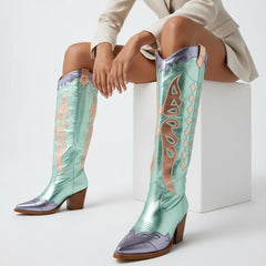 Tuhoomall Western Cowgirl Mid Calf Boots with Snip-Toe and Chunky Heel for Fashion Parties and Performances, Animal Pattern, Metallic Bright Surface
