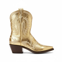 Tuhoomall Metallic Western Ankle Boots for Women - Stylish Slip-On Design with Embroidered Floral Pattern, Casual All-Season Footwear