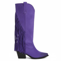 Tuhoomall Western Style Mid-Calf Boots with Tassels, Casual Fashion Footwear, Chunky Heel, Faux Suede, Zipper Closure, All-Season Design