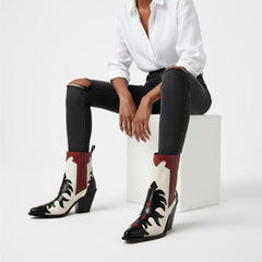 Tuhoomall Western Ankle Boots for Women, Pointed Toe Chunky Heel Booties, Fashion Slip-On with Applique and Elastic Side Panels, Casual Evening Wear