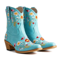 Tuhoomall Stylish Western Ankle Boots with Floral Embroidery, Rubber Sole, Chunky 5cm Heel for Classic and Casual Looks