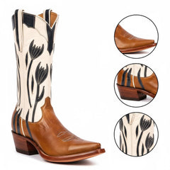 Tuhoomall Western Style Mid Calf Boots With Floral Embroidery - Casual Fashion Footwear For Travel And Parties, 2.00 In Heel, Snip Toe Design