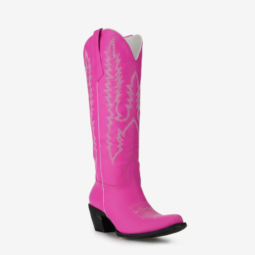 Tuhoomall Fuchsia Western Cowboy Boots With Floral Embroidery, Comfortable Knee-High Style For All Seasons Tuhoomall