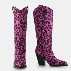 Tuhoomall Western Cowgirl Mid Calf Boots, Animal Print, Chunky Heel, Comfortable Slip-On, Perfect for Dance and Parties