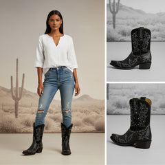 Tuhoomall Western Cowgirl Mid Calf Boots With Snip Toe, Chunky Heel, Embroidered Patchwork, Studded Design For Outdoor Fashion