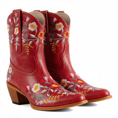 Tuhoomall Stylish Western Ankle Boots with Floral Embroidery, Rubber Sole, Chunky 5cm Heel for Classic and Casual Looks