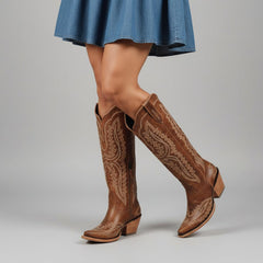 Tuhoomall Western Knee-High Cowgirl Boots with Chunky Heel and Floral Embroidery for Outdoor Fashion and Casual Wear