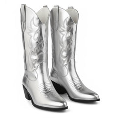 Tuhoomall Western Chunky Heel Women's Cowboy Boots, Comfortable Slip-On, Retro Embroidered Design, Non-Slip Sole for Travel and Casual Wear