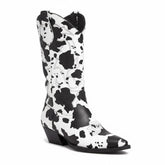 Tuhoomall Cow Pattern Western Boots for Women, Round Toe, Chunky 1.57in Heel, Casual Slip-On Mid-Calf Design, Stylish All-Season Footwear Tuhoomall