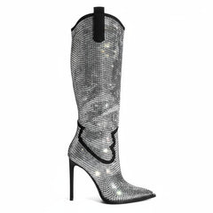 Tuhoomall Knee-High Stiletto Boots for Parties, Fashion Shows, Pointed Toe Design with Rhinestones, Slip-On, Faux Suede, Glamorous Look, All Seasons Tuhoomall