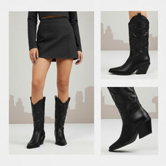 Tuhoomall Comfortable Western Boots for Women – 6cm Low Chunky Heel, Slip-On Design with Floral Embroidery - Fashionable All-Season Style