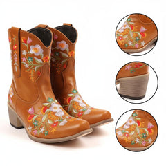 Tuhoomall Stylish Western Ankle Boots with Floral Embroidery, Rubber Sole, Chunky 5cm Heel for Classic and Casual Looks