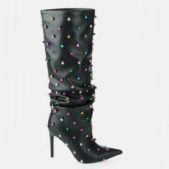 Tuhoomall Wrinkled Western Knee High Boots for Women with Pointed Toe, Sparkling Accents, Ideal for Fashionable Casual Outdoor Wear Tuhoomall