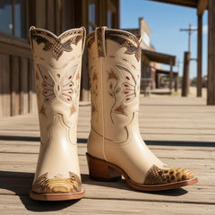 Tuhoomall Floral Embroidered Retro Mid-Calf Boots for All-Weather Fashion Casual Wear - Square Toe, Low Chunky Heel, Slip-On Design