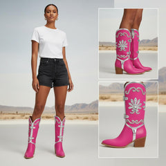 Tuhoomall Pink Rhinestone Pointed Toe Ankle Boots for Parties and Performances, Chunky Heel Fashion Footwear for Casual and Night Out