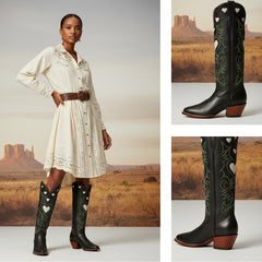 Tuhoomall Western Knee High Boots With Rubber Sole, 5cm Chunky Heel, Embroidered Sweet Pink Hearts For Casual Fashion All Year Round