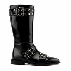 Tuhoomall Comfortable Mid-Calf Boots For Parties & Daily Wear With Adjustable Buckles, Zipper And Metal Accents - Casual All-Season Fashion Footwear