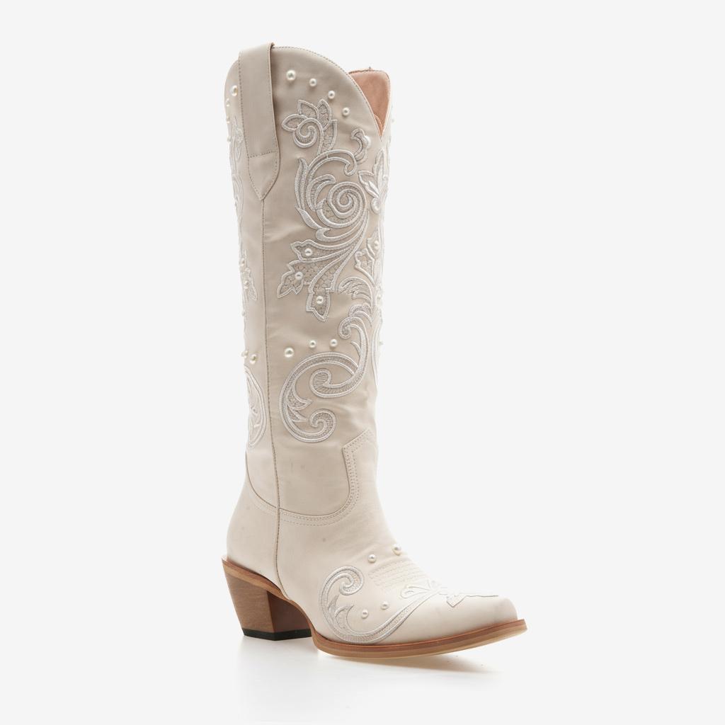 Tuhoomall Western Style Embroidered Chunky Heel Boots With Pearl Accents For Weddings, Parties, And Casual Wear Tuhoomall