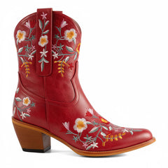 Tuhoomall Stylish Western Ankle Boots with Floral Embroidery, Rubber Sole, Chunky 5cm Heel for Classic and Casual Looks