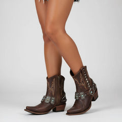 Tuhoomall Western Ankle Booties, Chunky Heel, Snip-Toe, Studded & Embroidered, All-Season Wear for Parties and Performances