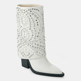 Tuhoomall Western Cowboy Boots For Women, Mid-Calf Foldable Design, Trendy Geometric Pattern, Chunky Heel, Sparkling Studs, Perfect For Outdoor Fashion