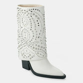 Tuhoomall Western Cowboy Boots For Women, Mid-Calf Foldable Design, Trendy Geometric Pattern, Chunky Heel, Sparkling Studs, Perfect For Outdoor Fashion Tuhoomall