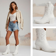 Tuhoomall Comfortable Western Ankle Boots for Fashion, Travel, and Leisure - Embroidered Genuine Leather, 5.5cm Chunky Heel, Slip-On Design