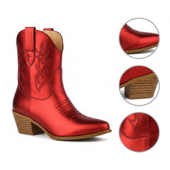 Tuhoomall Western Ankle Boots with Embroidered Pattern, 5cm Chunky Heel, Slip-On Design for Fashion and Travel, Durable Synthetic Fabric Lining