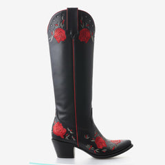 Tuhoomall Western Floral Embroidered Knee-High Boots with 5.5cm Chunky Heel for Casual and Party Wear, Stylish Slip-On Design, Durable Rubber Sole
