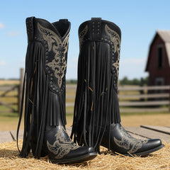 Tuhoomall Western Cowgirl Boots, Chunky Heel Mid Calf Slip-On, Fringe & Studded Design for Fashionable Outdoor Events Tuhoomall