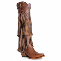 Tuhoomall Western Knee-High Cowboy Boots, Chunky Heel, Fringe & Studs, Retro Style, Casual Wear, All Seasons