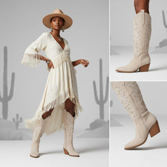 Tuhoomall Western Knee-High Boots For Women With Embroidery And Zipper, Chunky Heel For Travel, Outdoor, Fashion Casual, Party And Dance